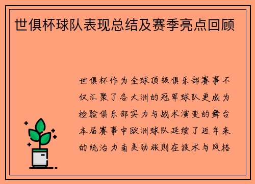 世俱杯球队表现总结及赛季亮点回顾