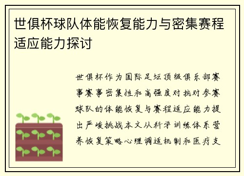 世俱杯球队体能恢复能力与密集赛程适应能力探讨