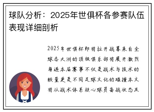 球队分析：2025年世俱杯各参赛队伍表现详细剖析